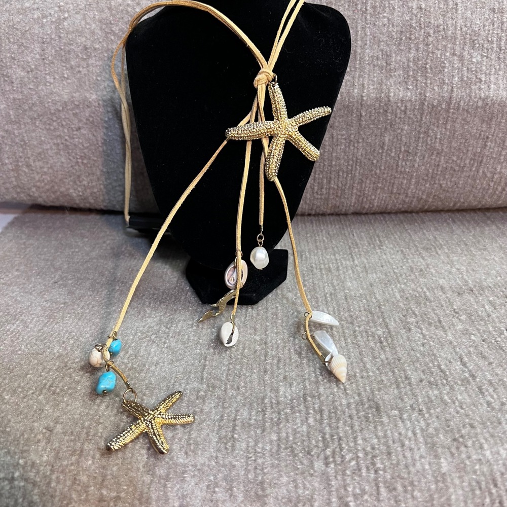 Tanya Creations Beach Charm Lariat Necklace Faux Suede Starfish Shell Seahorse